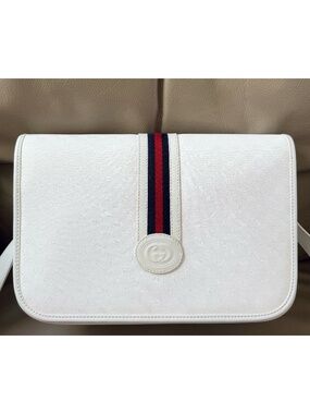 Authentic Vintage Gucci Web White GG Monogram Canvas Leather Flap Messenger Bag